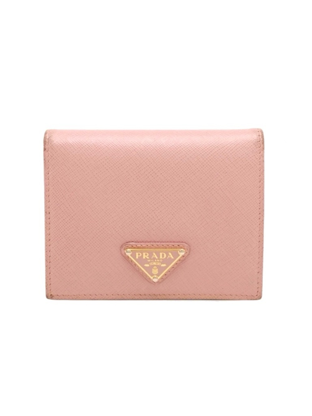 Prada Saffiano Pink Leather Triang Compact Wallet Card Holder W/ Box & COA